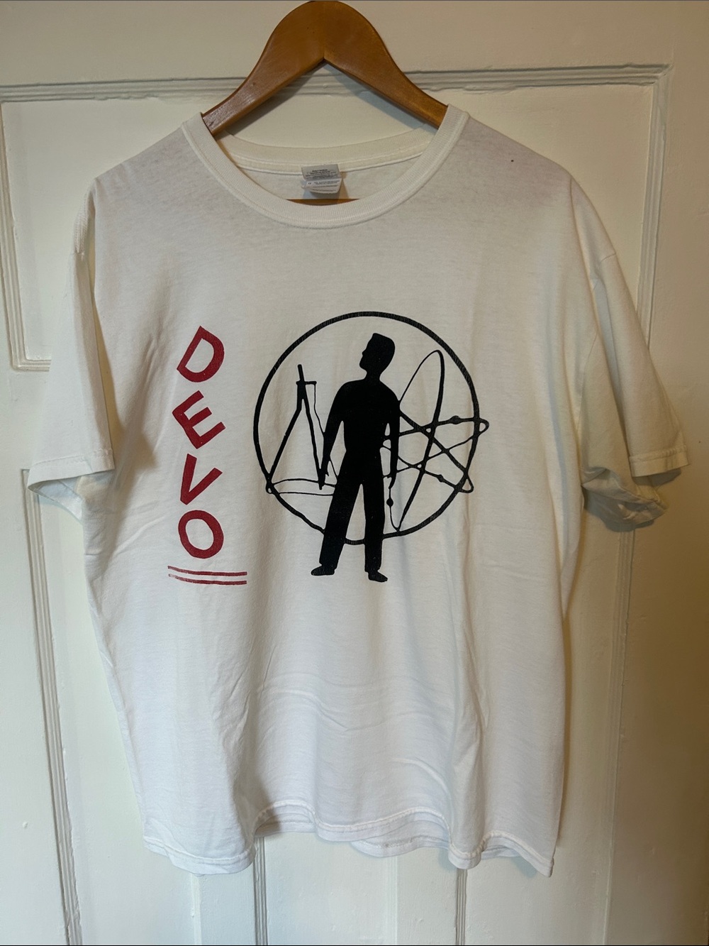 Vintage Gildan White DEVO Graphic Tee with Black Silhouette